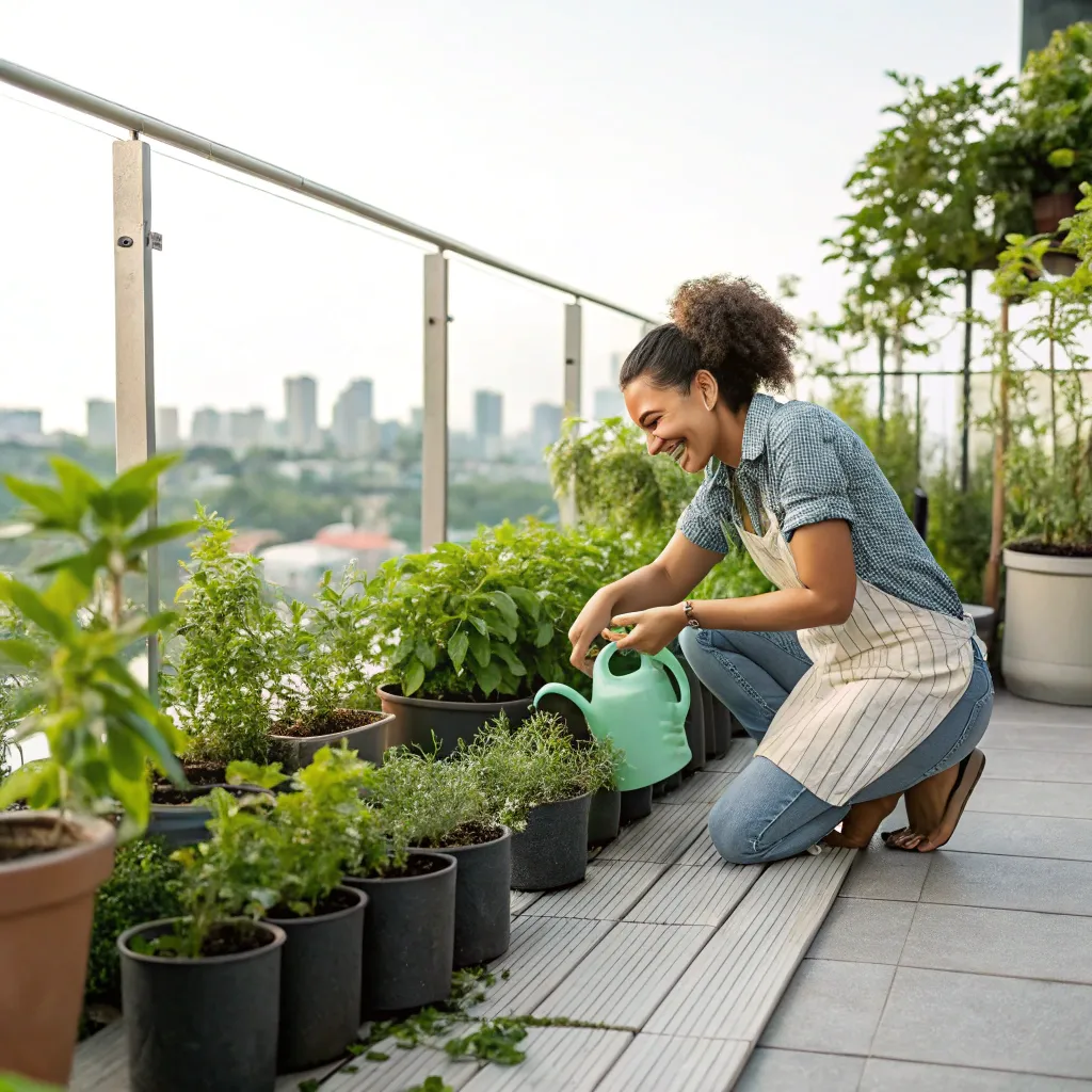 Customer happily tending to their terrace plants