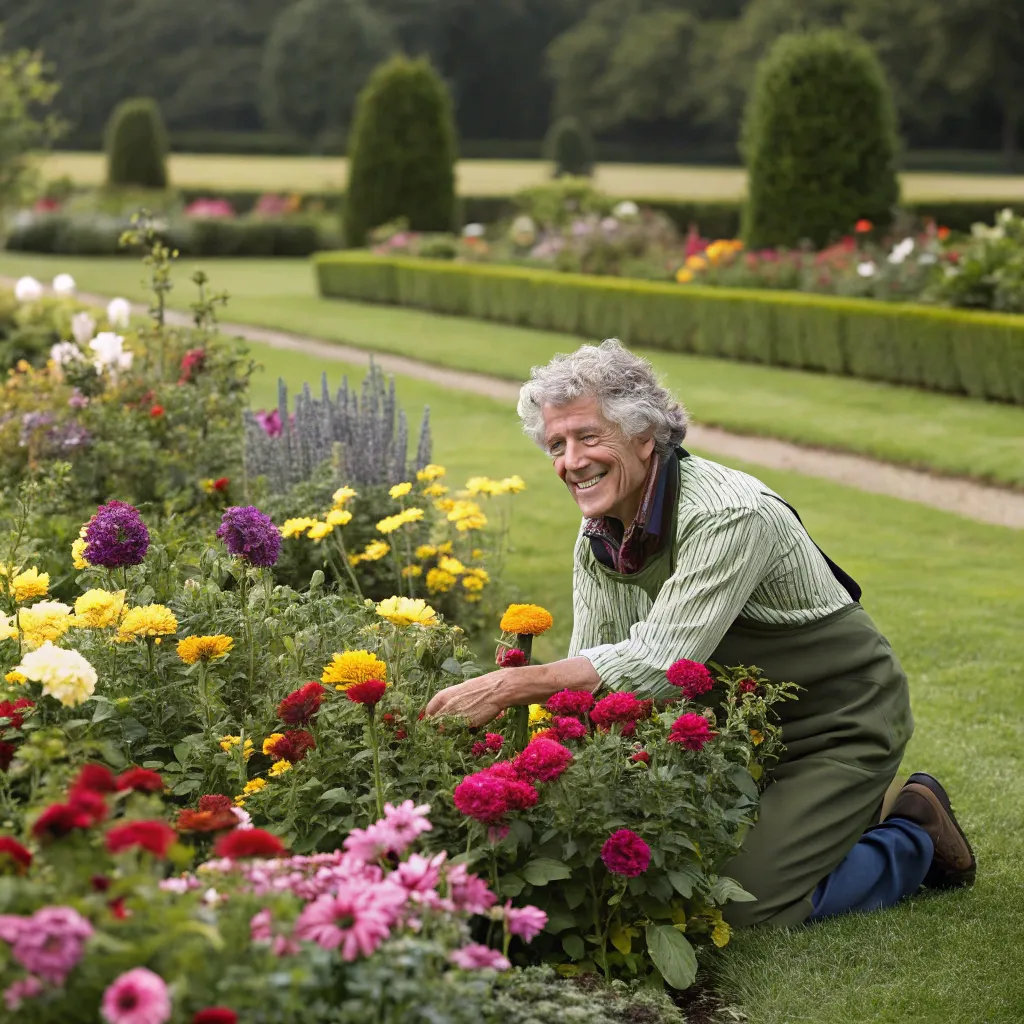 Happy gardener with colorful flowers